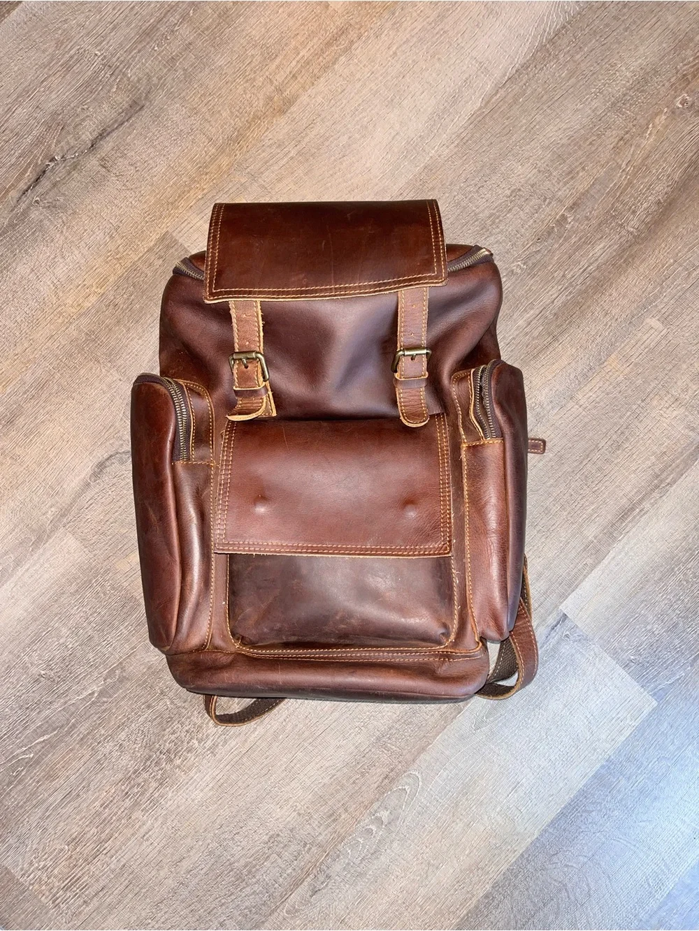 Men’s leather backpack travel bag unbranded heavy duty rugged weekender brown